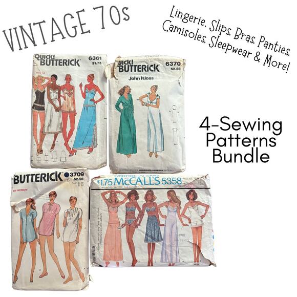 4-Piece Bundle Vintage 70s Sewing Patterns Lingerie Panties Bras Camisole Sleep - Picture 1 of 8